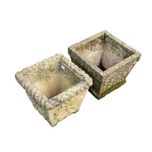 336 - Three assorted square reconstituted stone planters. Largest height 26cm, 31cm square.