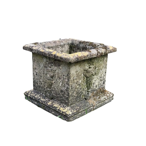 336 - Three assorted square reconstituted stone planters. Largest height 26cm, 31cm square.