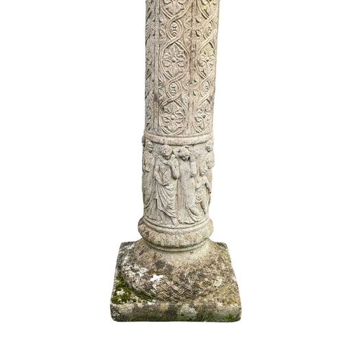 337 - A bronzed metal sundial on a reconstituted stone column. Height 91cm.