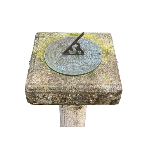 337 - A bronzed metal sundial on a reconstituted stone column. Height 91cm.