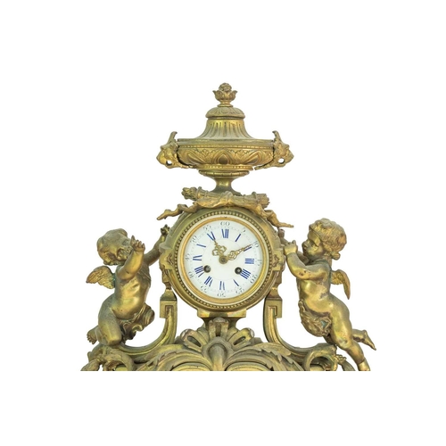 376 - A French ormolu clock garniture. Circa 1880, with a circular white enamel dial, the drum case flanke... 