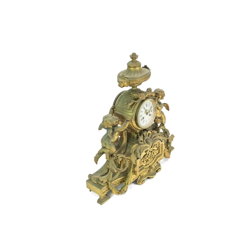 376 - A French ormolu clock garniture. Circa 1880, with a circular white enamel dial, the drum case flanke... 