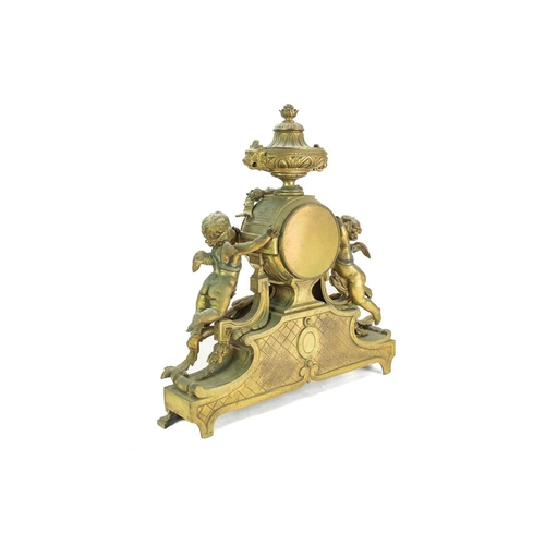 376 - A French ormolu clock garniture. Circa 1880, with a circular white enamel dial, the drum case flanke... 