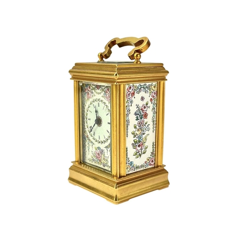 380 - A brass and enamel small carriage timepiece by Deacon, Swindon. 20th century, with floral decorated ... 