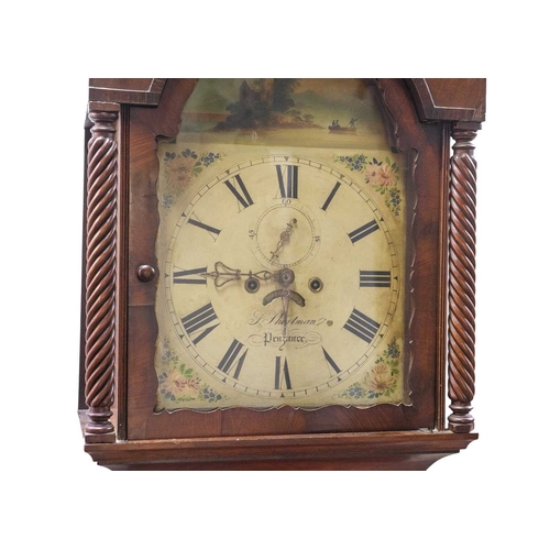 382 - An eight day mahogany longcase clock by S Shortman, Penzance. 19th century, with a white painted arc... 