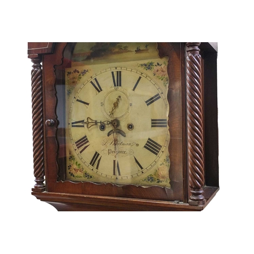 382 - An eight day mahogany longcase clock by S Shortman, Penzance. 19th century, with a white painted arc... 