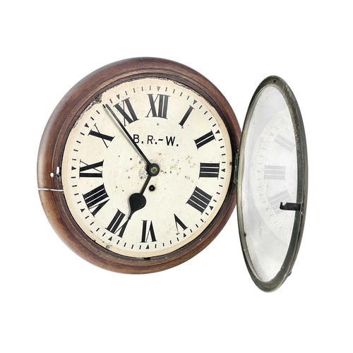 384 - A GWR single fusee mahogany circular station wall clock. The dial re-painted B.R-W, with applied lab... 