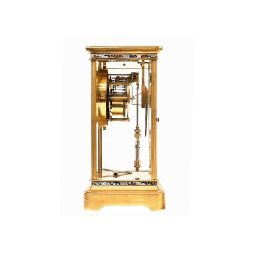 385 - A French four-glass gilt metal mantel clock. Late 19th century, the circular dial with enamelled flo... 