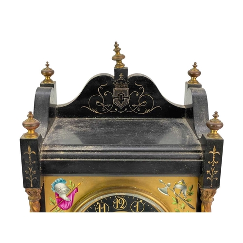 392 - A Victorian black slate gilt and painted mantle clock. Featuring two topers in a garden, within twis... 