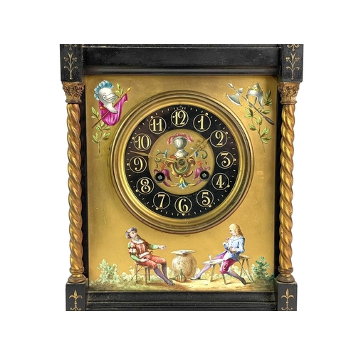 392 - A Victorian black slate gilt and painted mantle clock. Featuring two topers in a garden, within twis... 