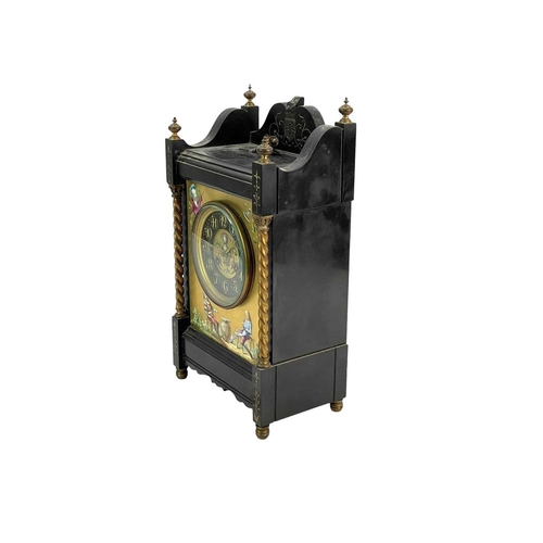 392 - A Victorian black slate gilt and painted mantle clock. Featuring two topers in a garden, within twis... 