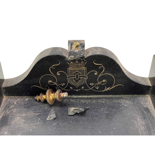 392 - A Victorian black slate gilt and painted mantle clock. Featuring two topers in a garden, within twis... 