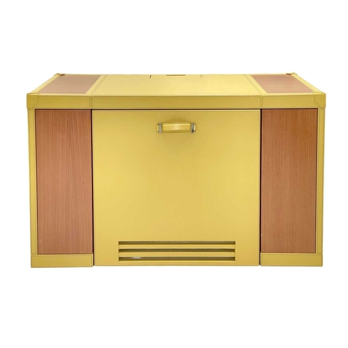 395 - ± Superyacht furnishings, a yellow leather space-saving desk with a matching upholstered chair. A co... 