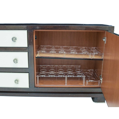 396 - ± Superyacht furnishings, a contemporary laquered drinks cabinet with chrome details. Featuring a hi... 