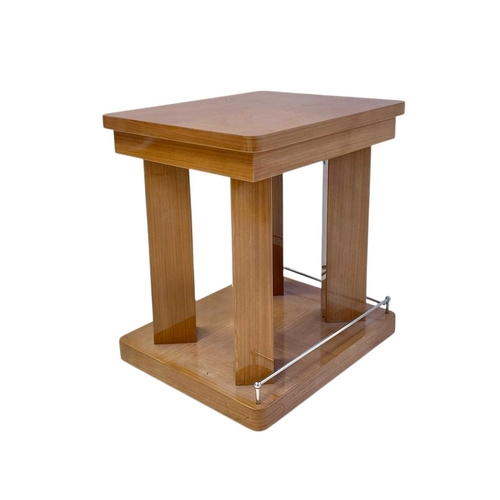 410 - ± Superyacht furnishings. Two contemporary laquered wood veneer side tables. Square table tops with ... 