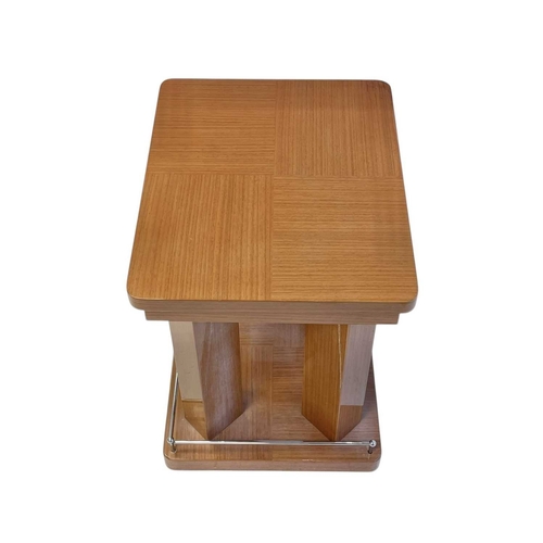 410 - ± Superyacht furnishings. Two contemporary laquered wood veneer side tables. Square table tops with ... 