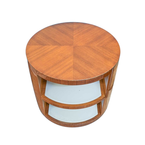 411 - ± Superyacht furnishings. Two circular geometric veneer side tables. Each features decorative geomet... 