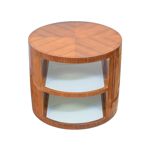 411 - ± Superyacht furnishings. Two circular geometric veneer side tables. Each features decorative geomet... 