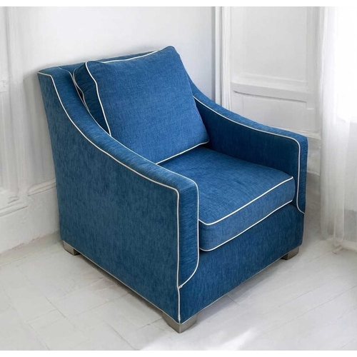 416 - ± Superyacht furnishings, three contemporary blue velour armchairs. With gently sloping arms and chr... 