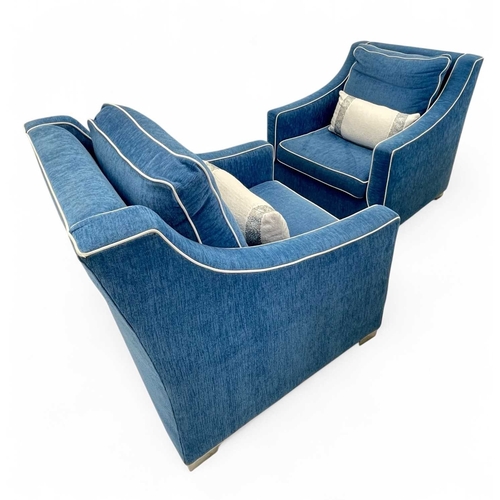 416 - ± Superyacht furnishings, three contemporary blue velour armchairs. With gently sloping arms and chr... 