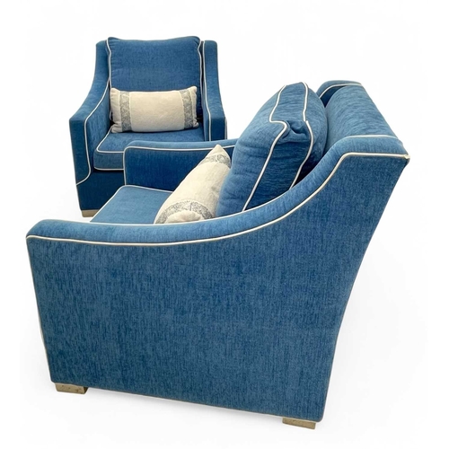 416 - ± Superyacht furnishings, three contemporary blue velour armchairs. With gently sloping arms and chr... 