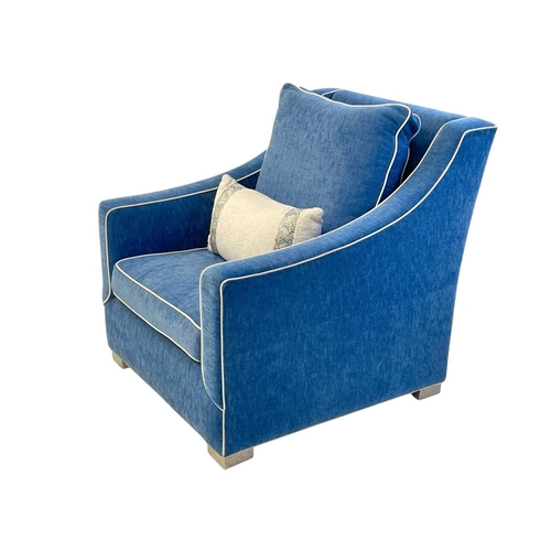 416 - ± Superyacht furnishings, three contemporary blue velour armchairs. With gently sloping arms and chr... 