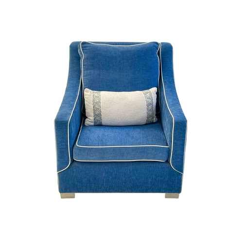 416 - ± Superyacht furnishings, three contemporary blue velour armchairs. With gently sloping arms and chr... 