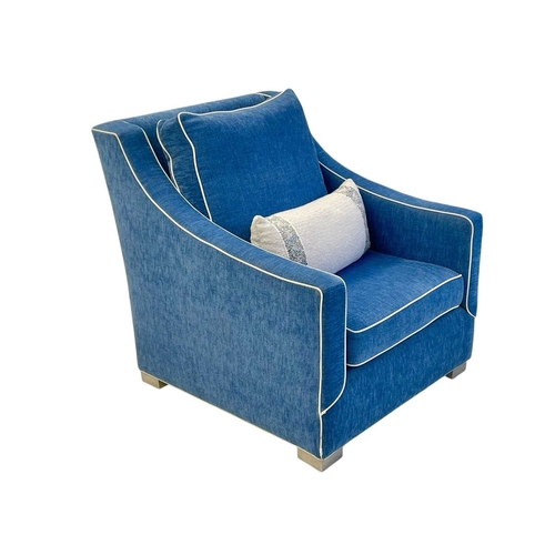 416 - ± Superyacht furnishings, three contemporary blue velour armchairs. With gently sloping arms and chr... 