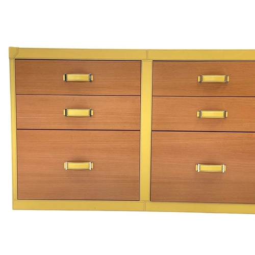 422 - ± Superyacht furnishings, a yellow leather bank of nine-drawers. Wood veneer fronts, two small drawe... 