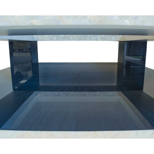 432 - ± Superyacht furnishings, a large square coffee table with mother-of-pearl overlay. On four supports... 