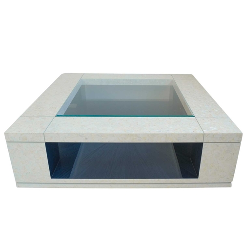 432 - ± Superyacht furnishings, a large square coffee table with mother-of-pearl overlay. On four supports... 