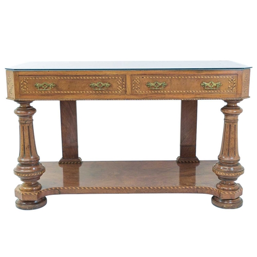 448 - A Victorian walnut and inlaid bijouterie table. With a glazed top (formerly marble), revealing the t... 