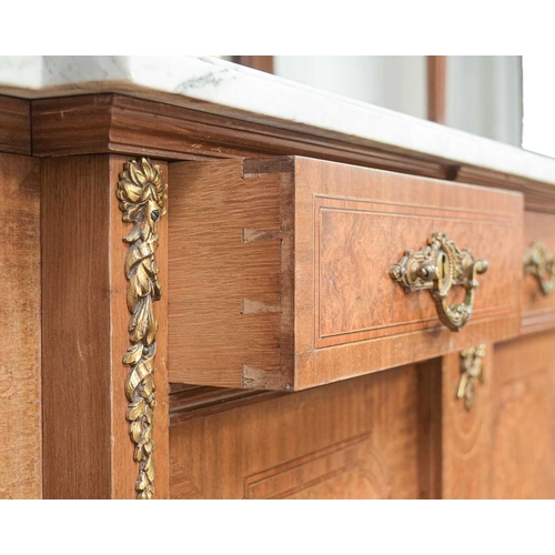 455 - A pair of French Second Empire style marble top cabinets. Circa 1900, veneered in walnut and amboyna... 