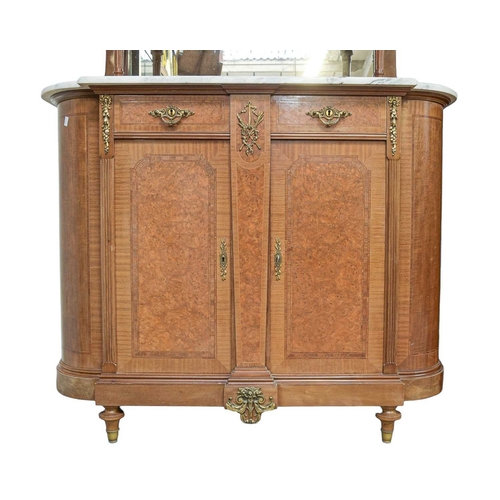 455 - A pair of French Second Empire style marble top cabinets. Circa 1900, veneered in walnut and amboyna... 