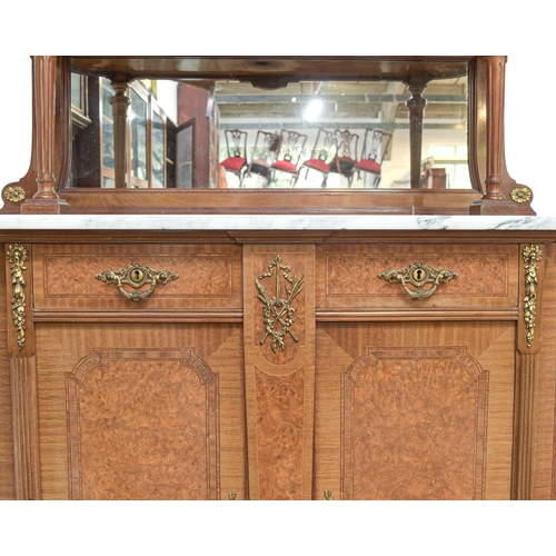 455 - A pair of French Second Empire style marble top cabinets. Circa 1900, veneered in walnut and amboyna... 