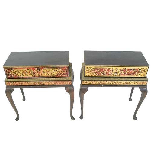 457 - A pair of ebonised, gilt metal and boulle plinths. 19th century, raised on later stained beech stand... 