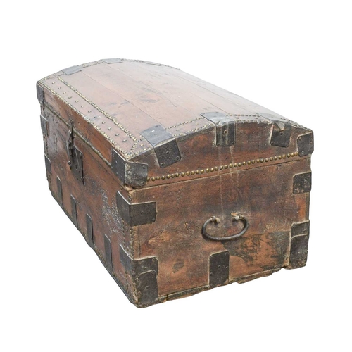 468 - A stud decorated pine dome top trunk. With iron hardware and a floral paper lined interior, width 88... 