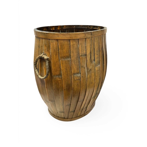 47 - An 'Enquiries' sign and bamboo storage basket. A barrel-shaped basket with ring handles, height 45cm... 