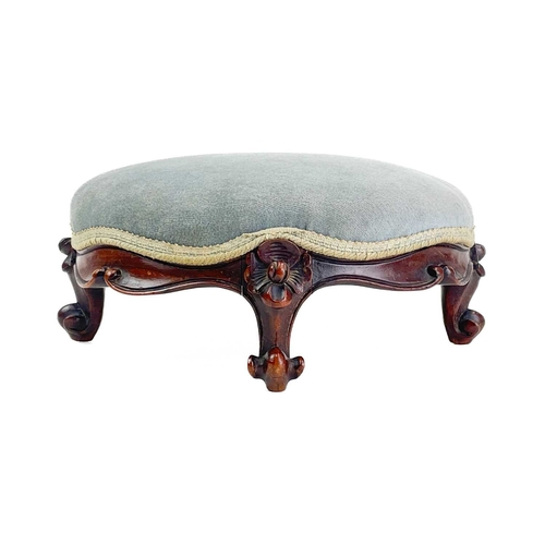 477 - A pair of Victorian rosewood framed circular footstools. With padded tops on cabriole legs with scro... 