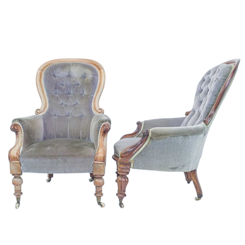 487 - An early Victorian mahogany spoon back chair, and another similar. With button back upholstery, scro... 