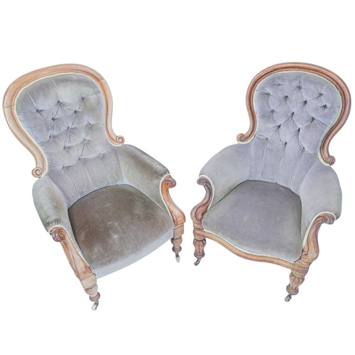 487 - An early Victorian mahogany spoon back chair, and another similar. With button back upholstery, scro... 