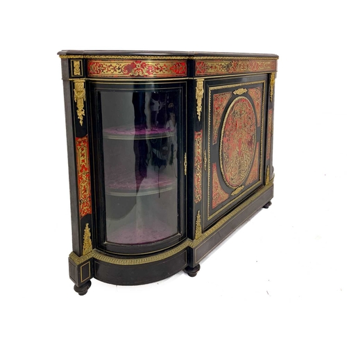 503 - A 19th century ebonised and boulle credenza. With an ornate inlaid central panel door, flanked by bo... 