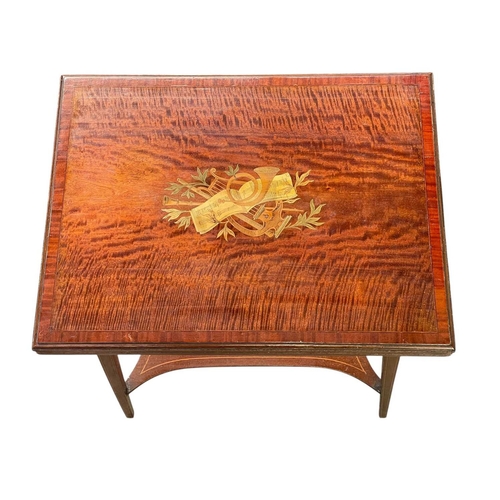 510 - An Edwardian mahogany and satinwood banded fold top card table. Inlaid with musical instruments and ... 