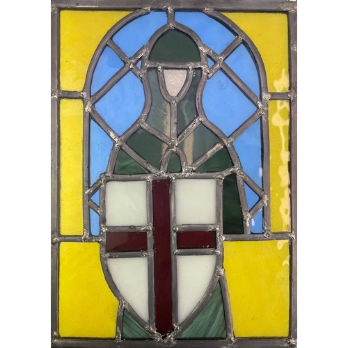 52 - A group of three Edwardian arched stained and leaded glass panels. 1: Each 31X23cm, together with a ... 