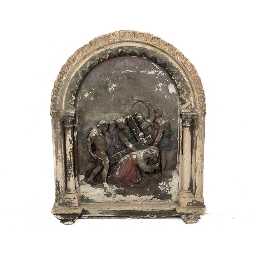 54 - A Group of six cast plaster plaques from The Stations of The Cross. With arched tops and column side... 