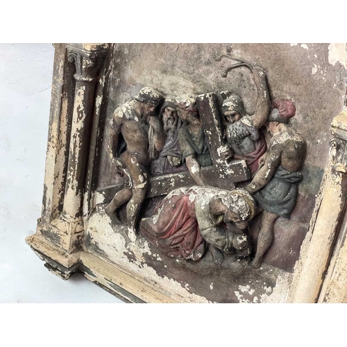 54 - A Group of six cast plaster plaques from The Stations of The Cross. With arched tops and column side... 