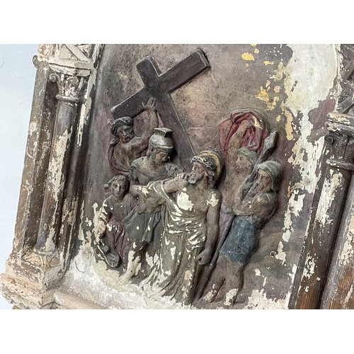 54 - A Group of six cast plaster plaques from The Stations of The Cross. With arched tops and column side... 