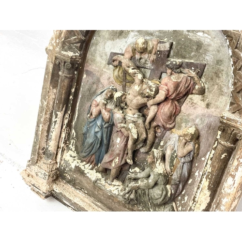 54 - A Group of six cast plaster plaques from The Stations of The Cross. With arched tops and column side... 