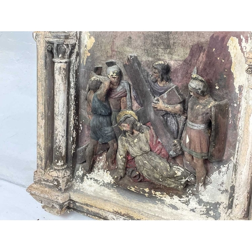 54 - A Group of six cast plaster plaques from The Stations of The Cross. With arched tops and column side... 