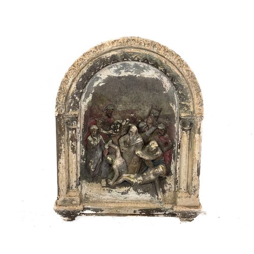 54 - A Group of six cast plaster plaques from The Stations of The Cross. With arched tops and column side... 